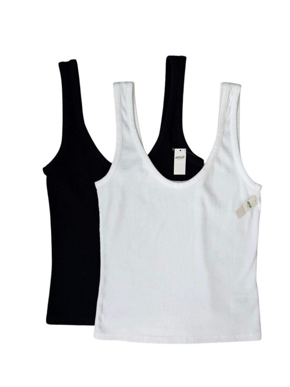 NWT Aerie Ribbed Tank Tops Women's Large Black White Scoop Neck Cotton 2 Pack